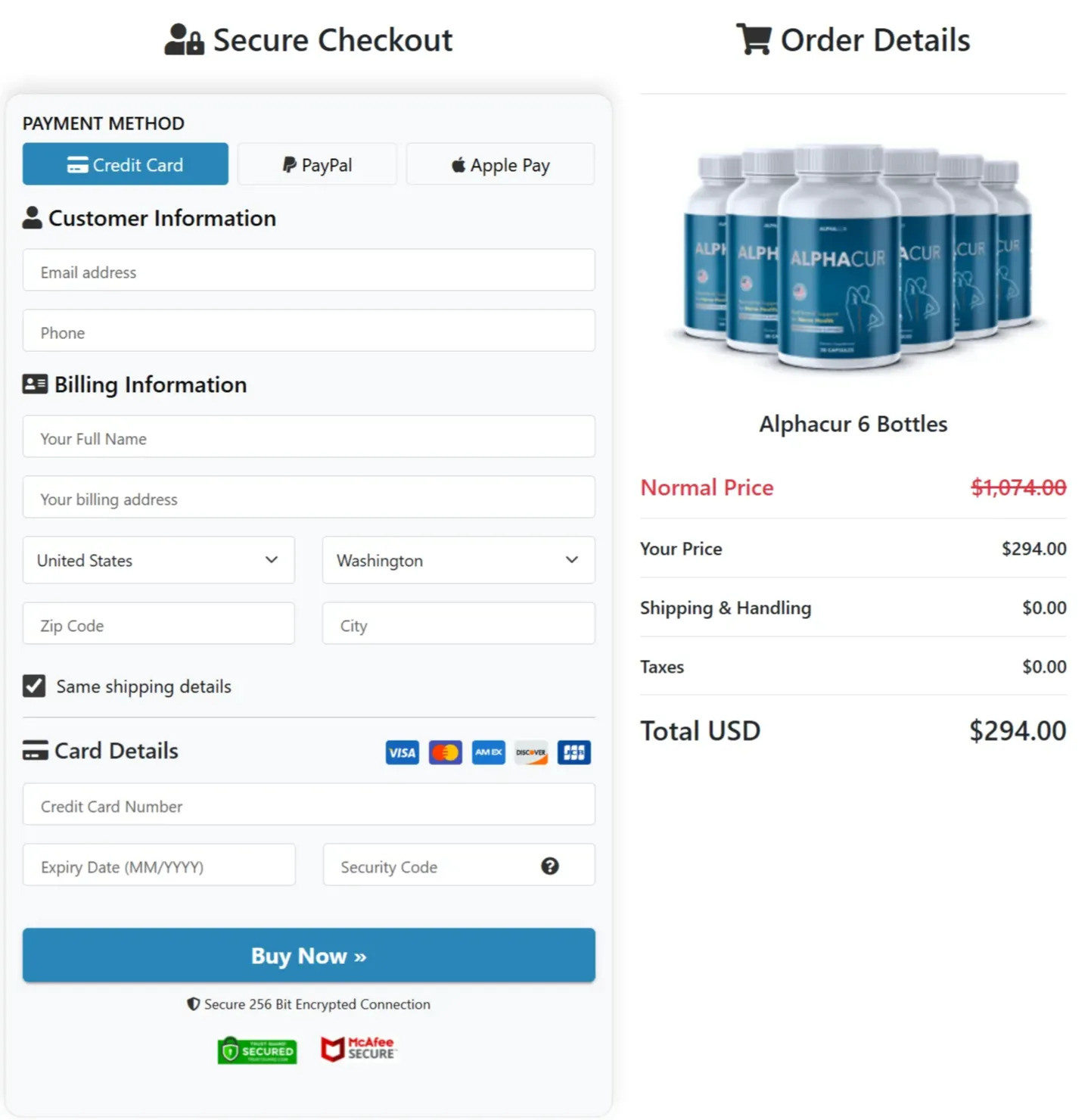 AlphaCur checkout page